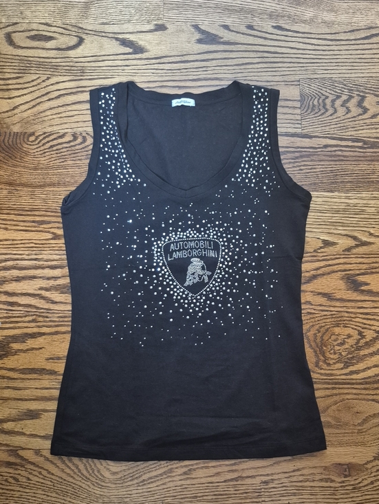 Automobili Lamborghini Tops - Lamborghini Rhinestone Embellished Black Women's V-Neck Tank Top
